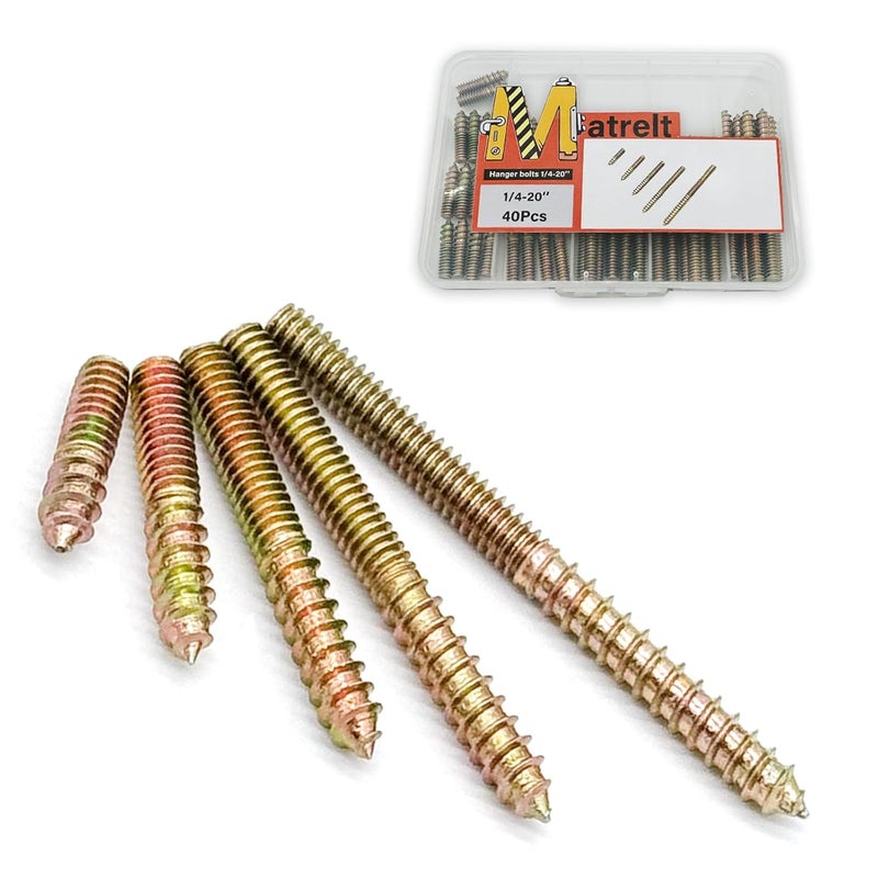 Matrelt 40 Pack 1/4-20" Hanger Bolts 5Sizes 1-3 Inch Double Headed Bolts Wood Dowel Screw Self-Tapping Screw for Wood Furniture Double Threaded Rods Bolt - Image 1